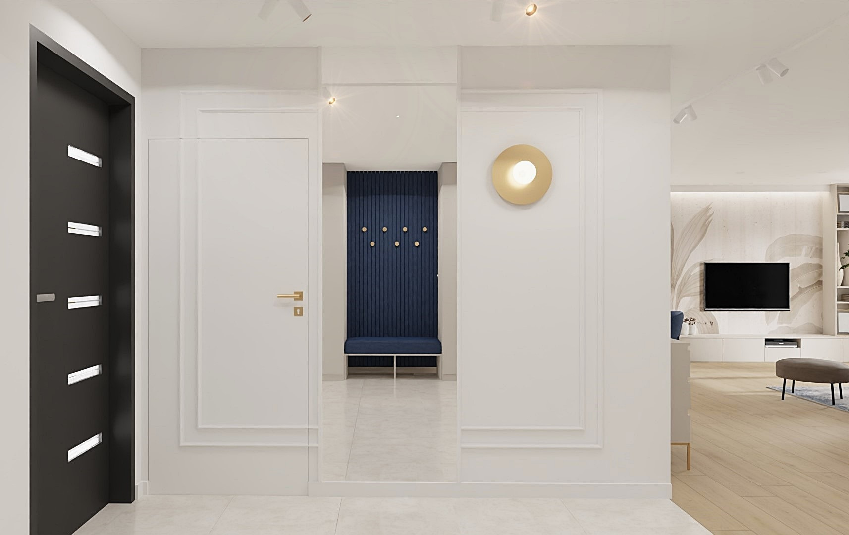 Nowoczesny przedpokój w bieli z akcentami złota i granatu. Widoczne drzwi, lustro z siedziskiem i minimalistyczna lampa. Jasne, przestronne wnętrze.