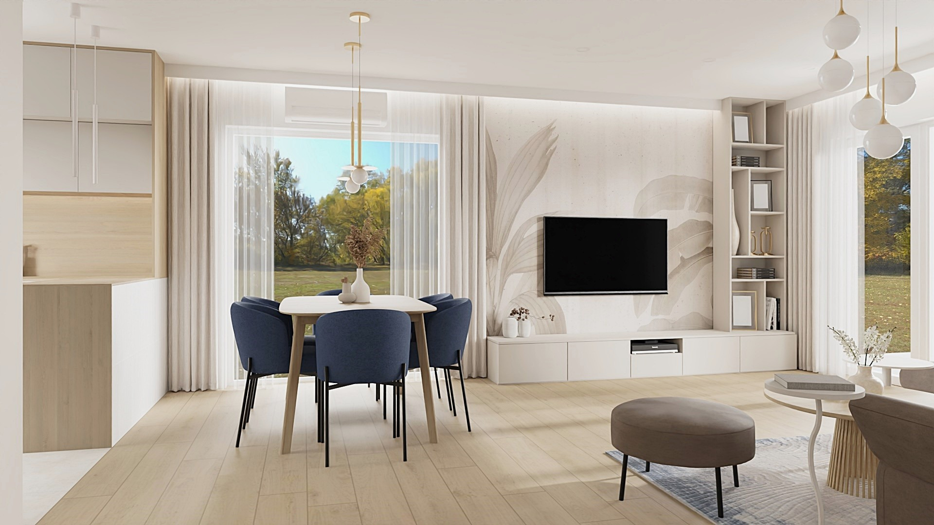 Jasne wnętrze: stół z niebieskimi krzesłami, TV na ścianie z motywem roślinnym, regał i okno z widokiem na zieleń. Minimalistyczny design, drewniana podłoga.