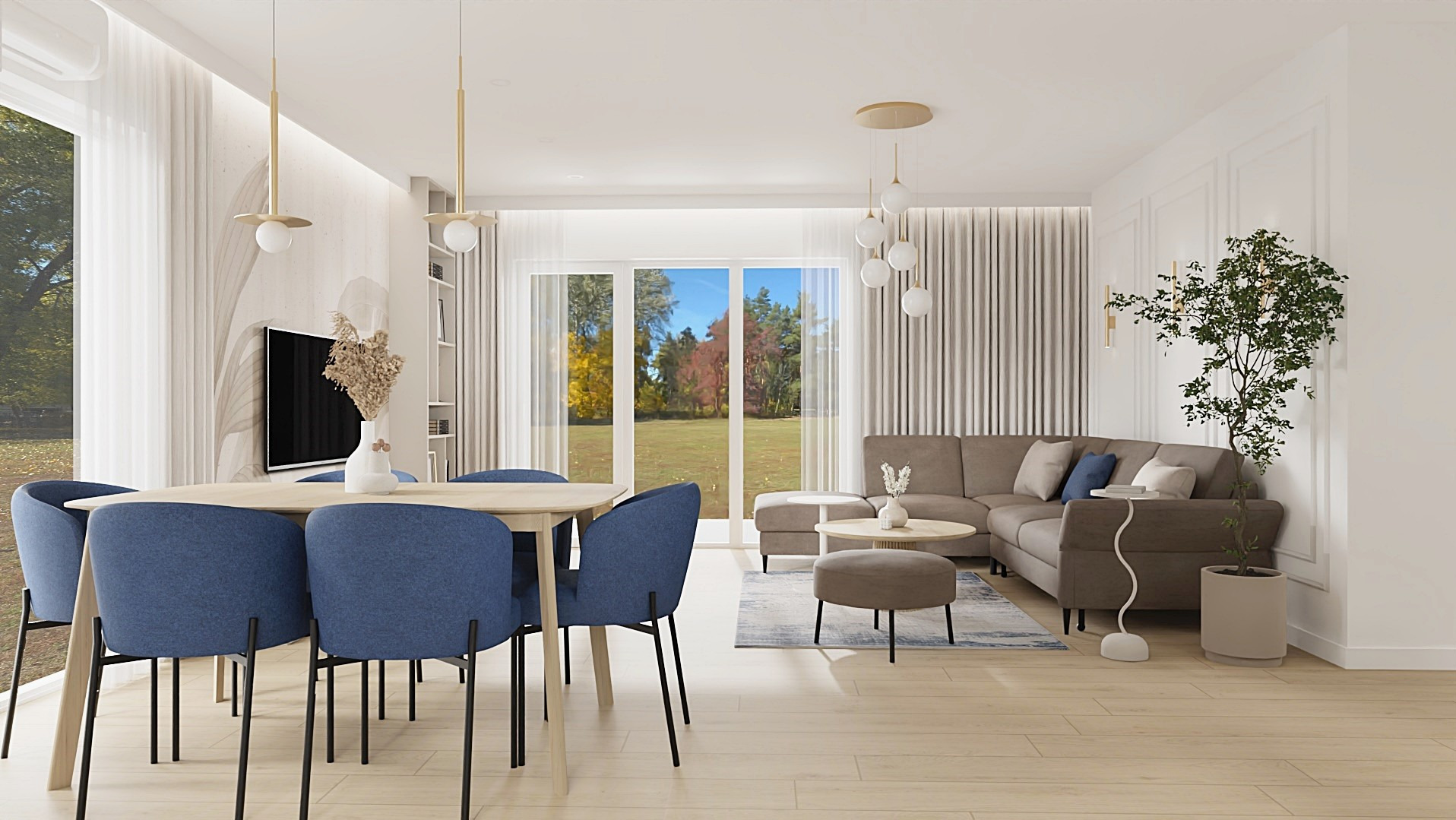 Elegancka aranżacja salonu z jadalnią w Sierosławiu. Jasne drewno, błękitne krzesła, beżowa sofa i minimalistyczne oświetlenie tworzą spójną całość.