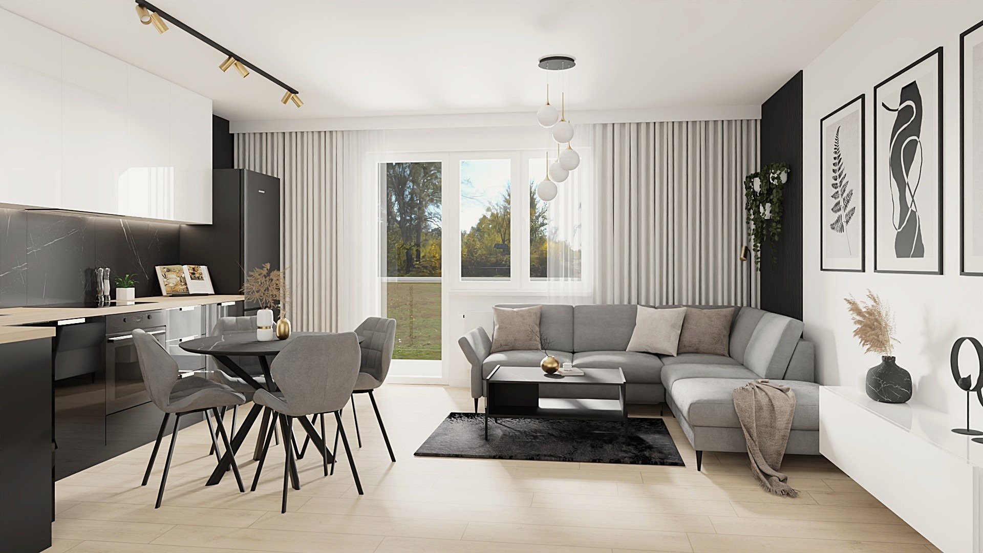 Nowoczesne wnętrze: czarno-biała kuchnia z okrągłym stołem i szarymi krzesłami, szara sofa w salonie z dywanem. Minimalistyczne obrazy i dekoracje.