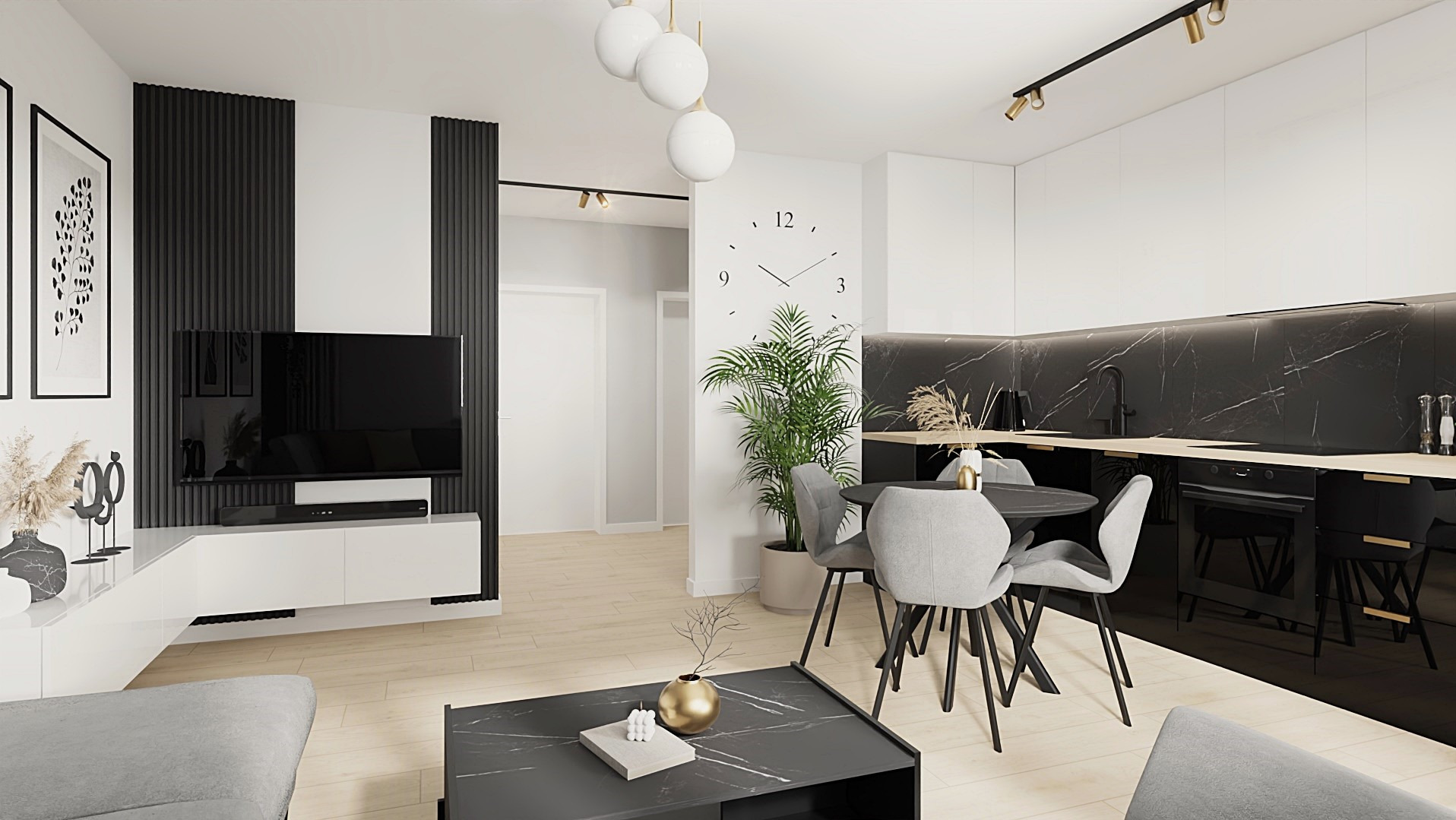 Nowoczesne wnętrze: salon z aneksem kuchennym w bieli i czerni. Minimalistyczny design, okrągły stół, marmurowy blat, drewniana podłoga i dekoracyjne panele ścienne.