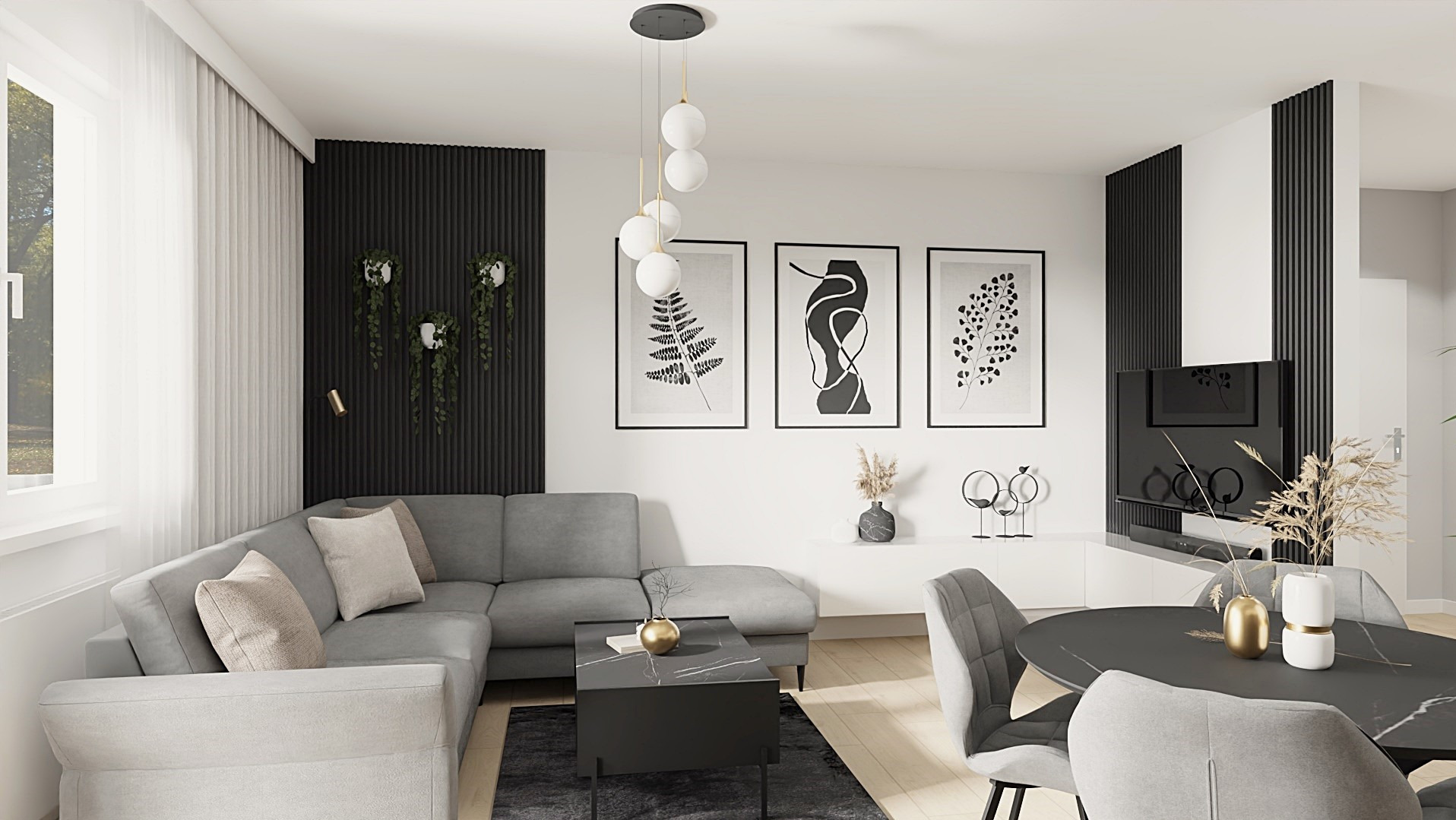 Nowoczesny salon z szarą sofą narożną, czarnym stolikiem kawowym i okrągłym stołem. Ściany zdobią grafiki w czarnych ramach i pionowe panele dekoracyjne.