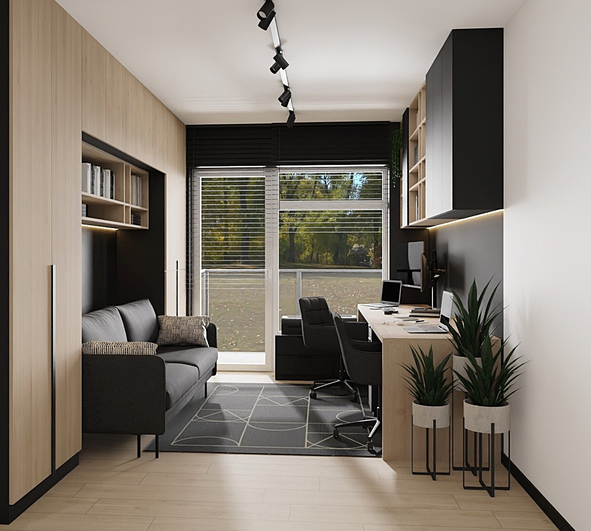 Nowoczesne biuro w domu: czarny narożnik, biurko z laptopami, rośliny w donicach. Jasne drewno szaf i podłogi kontrastuje z czernią ścian i mebli.