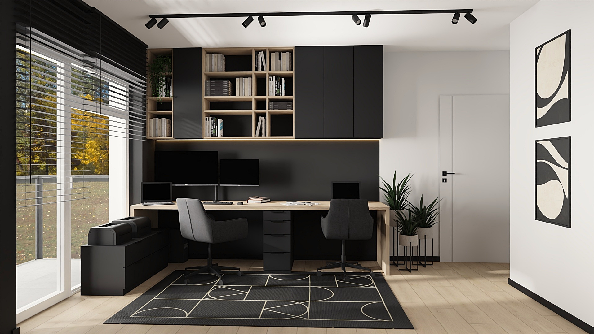 Nowoczesne biuro w domu z dwoma stanowiskami pracy. Czarne meble, drewniany blat, minimalistyczny dywan. Jasne podłogi i duży balkon z widokiem na zieleń.
