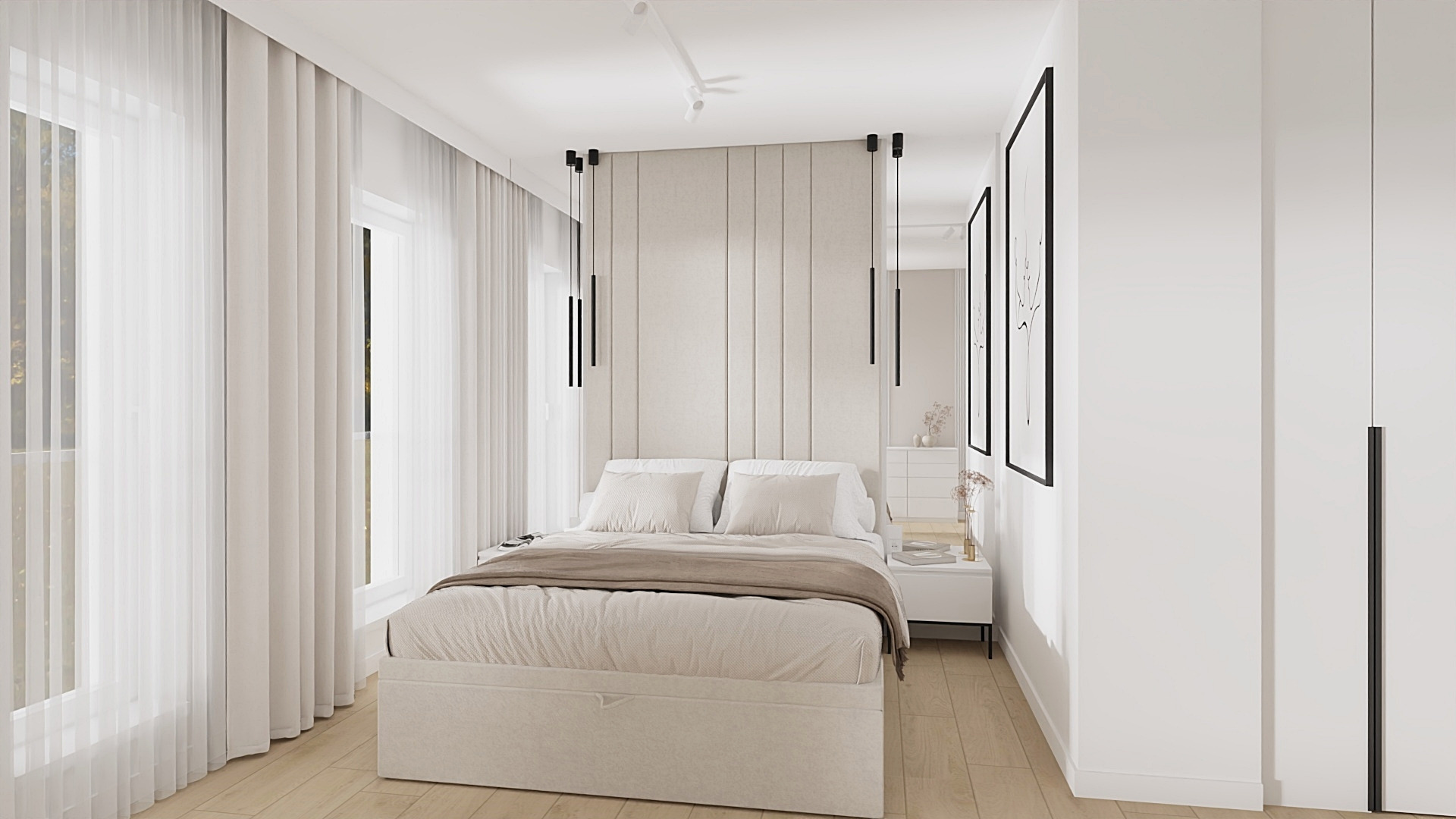 Jasna sypialnia z beżowym łóżkiem, minimalistycznymi lampami wiszącymi i jasną podłogą. W tle widoczne okno z firankami i szafa z długim uchwytem.