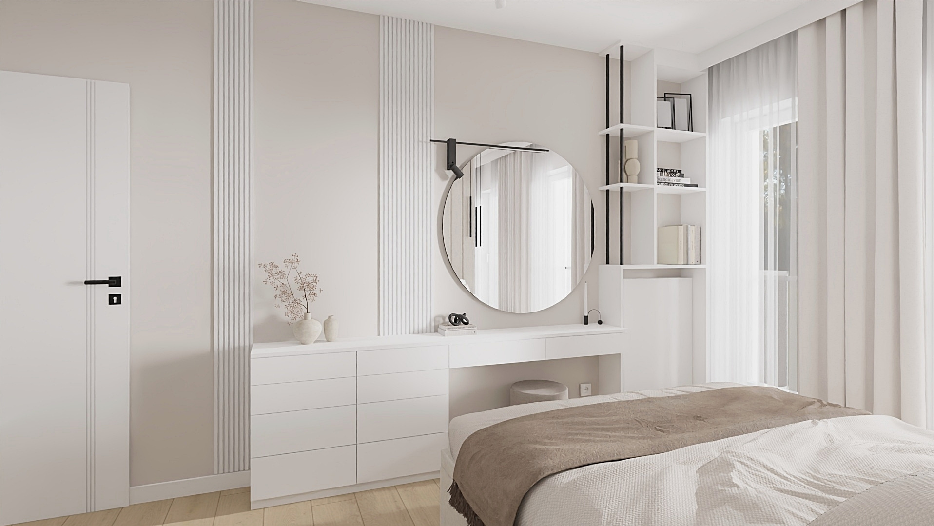 Jasna sypialnia z okrągłym lustrem nad białą komodą i toaletką. Minimalistyczny design z dekoracyjnymi listwami ściennymi i subtelnymi dodatkami.