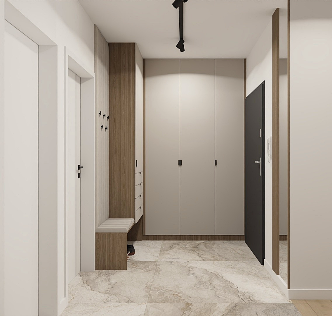 Nowoczesny przedpokój z szafą w zabudowie, siedziskiem i lustrem. Podłoga z płytek imitujących marmur. Minimalistyczne oświetlenie punktowe.