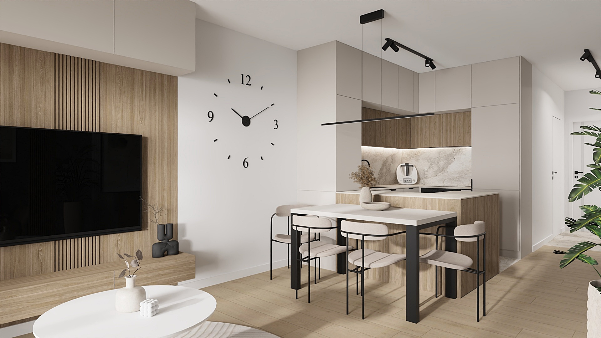 Jasne wnętrze z drewnianymi akcentami: telewizor na tle paneli, minimalistyczny zegar, stół z krzesłami i kuchnia z marmurowym blatem. Nowoczesny design.