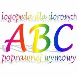Kolorowe litery ABC z gradientem tęczy, napis 'logopeda dla dorosłych' i 'poprawnej wymowy' powyżej i poniżej, na białym tle.