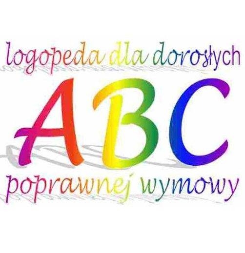 Kolorowe litery ABC z gradientem tęczy, napis 'logopeda dla dorosłych' i 'poprawnej wymowy' powyżej i poniżej, na białym tle.