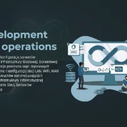 Ilustracja koncepcji DevOps z postaciami programistów pracujących przy monitorze z symbolem nieskończoności, obok serwerownia i lista usług IT.
