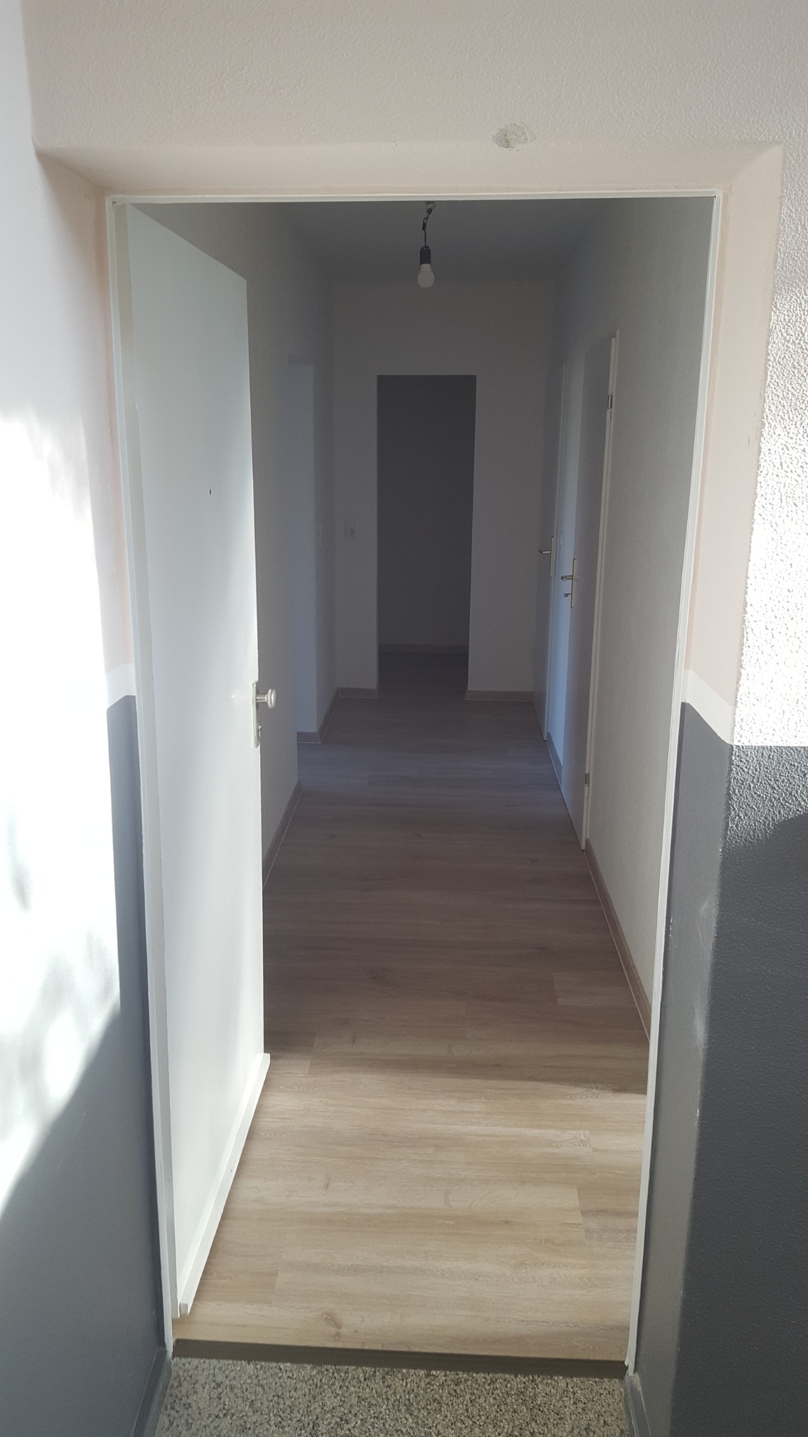 Otwarta biała futryna drzwiowa prowadzi do długiego korytarza z panelami podłogowymi, widoczne drzwi po obu stronach korytarza i żarówka wisząca na suficie w oddali.