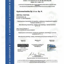 Certyfikat TÜV SÜD dla Hydromechanika Sp. z o.o. Sp. K. potwierdzający zgodność produkcji (obróbka maszynowa, spawanie i okładziny) oraz malowania, powlekania, montażu i testowania ciśnieniowego...