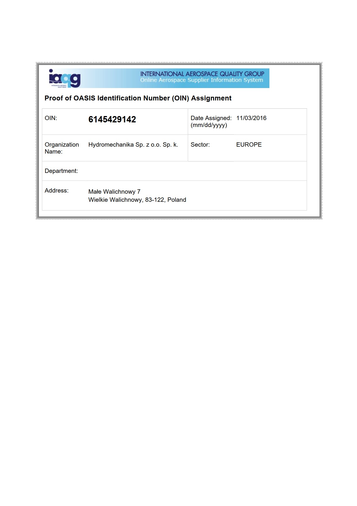 Certyfikat OASIS Identification Number (OIN) dla Hydromechanika Sp. z o.o. Sp. k. z datą wydania 11/03/2016, sektor EUROPE.