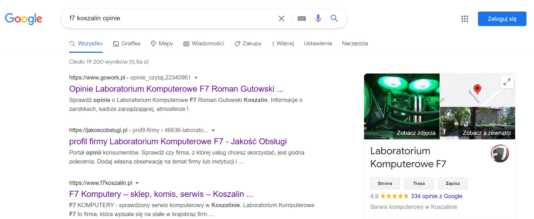 Wyniki wyszukiwania Google dla zapytania 'f7 koszalin opinie', prezentujące Laboratorium Komputerowe F7 z recenzjami, mapą i zdjęciem komputera z zielonym podświetleniem.