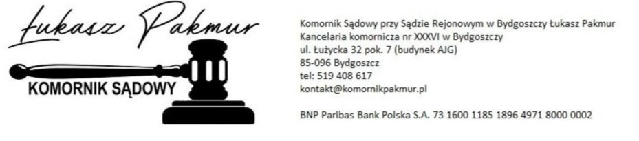 Logo kancelarii komornika sądowego Łukasza Pakmura z Bydgoszczy, zawierające stylizowany wizerunek młotka sędziowskiego, adres, numer telefonu i numer konta bankowego.
