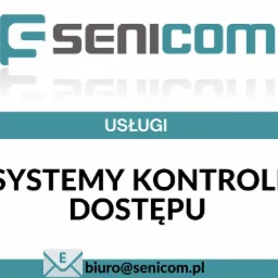 Grafika z logo firmy Senicom prezentująca ofertę usług w zakresie systemów kontroli dostępu, z adresem e-mail biuro@senicom.pl w dolnej części.