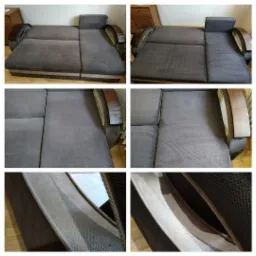 Por&oacute;wnanie stanu sofy przed i po czyszczeniu, widoczne r&oacute;żnice w odcieniu i usunięcie plam na ciemnoszarej tapicerce z drewnianymi elementami.