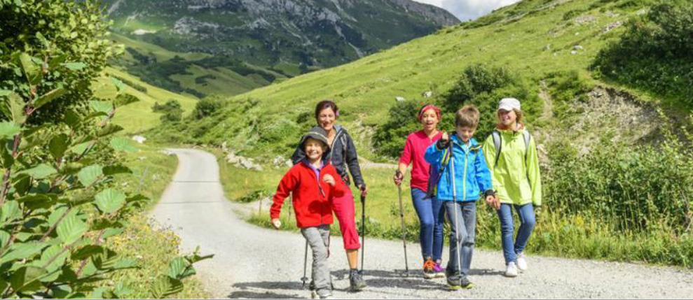Grupa pięciu osób z kijkami trekkingowymi wędruje po szutrowej drodze w górach, w tle zielone zbocza i szczyty.