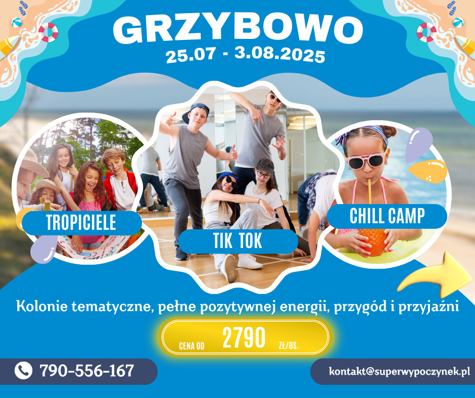 Plakat reklamowy z hasłem 'Grzybowo 2025' prezentujący trzy różne obozy tematyczne: 'Tropiciele' z grupą dzieci w kapeluszach, 'Tik Tok' z młodzieżą tańczącą w sali oraz 'Chill Camp' z dziewczynką...