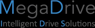 Logo MegaDrive z hasłem Intelligent Drive Solutions, litery w kolorze niebieskim i szarym, na czarnym tle.