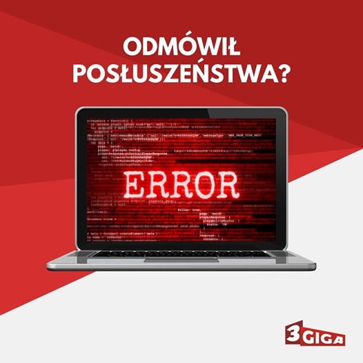 Laptop wyświetlający czerwony ekran z napisem 'ERROR' na tle kodu, z pytaniem 'Odmówił posłuszeństwa?' u góry i logo firmy 3GIGA w prawym dolnym rogu.