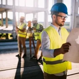 Trzech mężczyzn w kaskach i kamizelkach odblaskowych na placu budowy. Jeden z nich trzyma duży plan, drugi obsługuje niwelator na statywie, trzeci stoi z tyłu z tyczką.