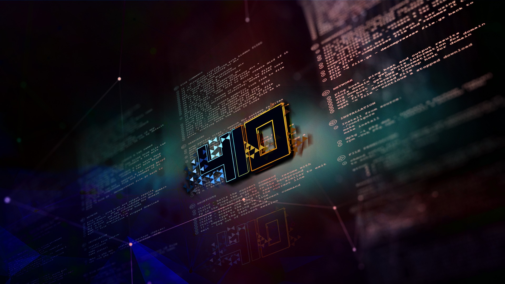 Abstrakcyjne tło z kodem i komendami w terminalu, z nałożonym efektem głębi ostrości i stylizowanym logo 'HO' w centrum, sugerujące programowanie lub administrację serwerami.