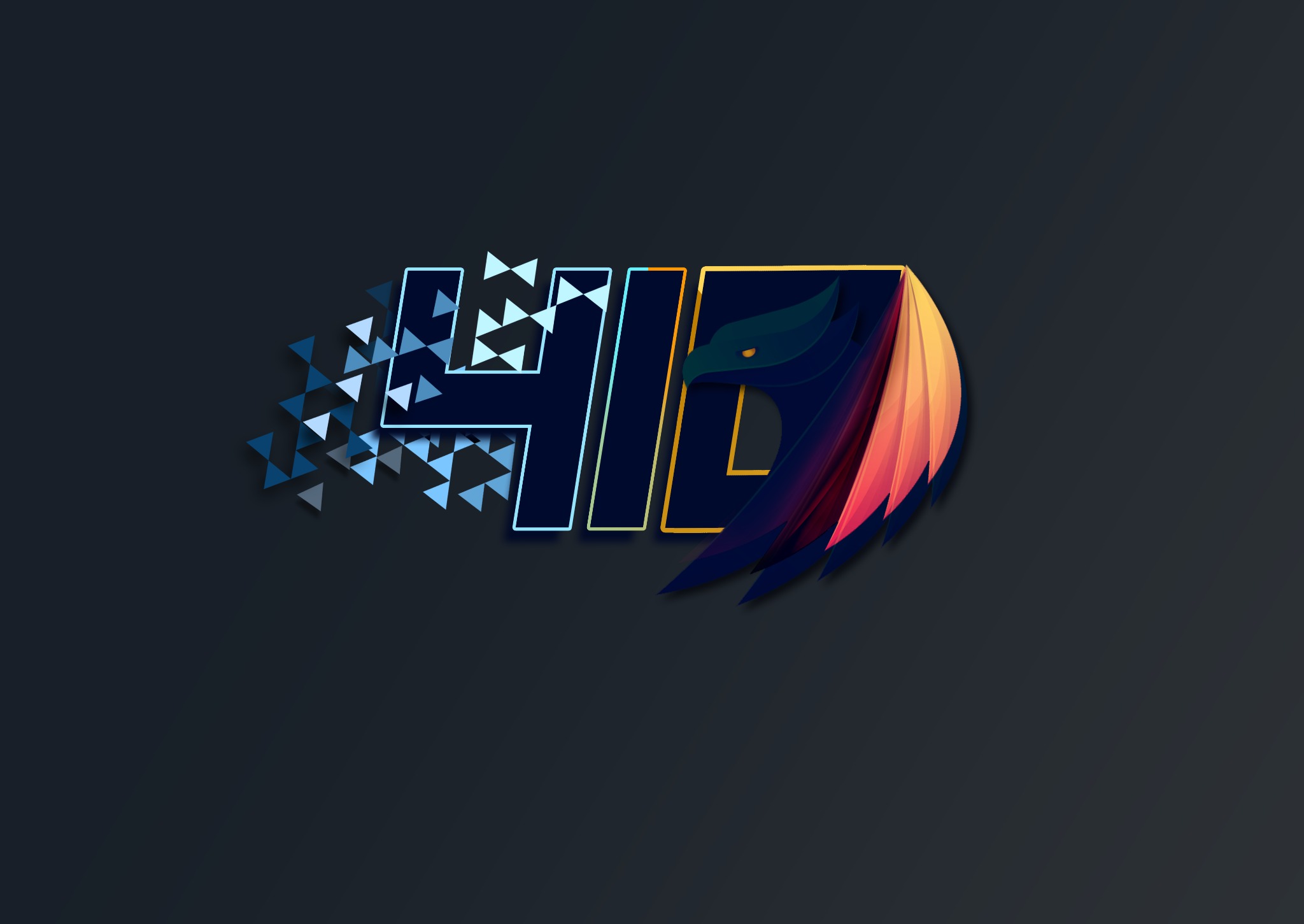 Abstrakcyjne logo z motywem ptaka, gradientowe kolory, geometryczne elementy, na ciemnoszarym tle.