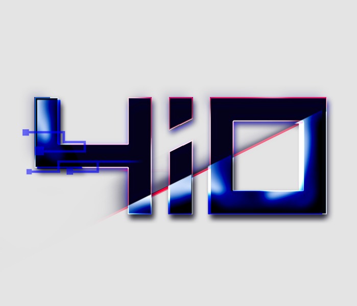 Abstrakcyjna grafika logo z efektem neonowego podświetlenia i elementami cyfrowymi na jasnoszarym tle.