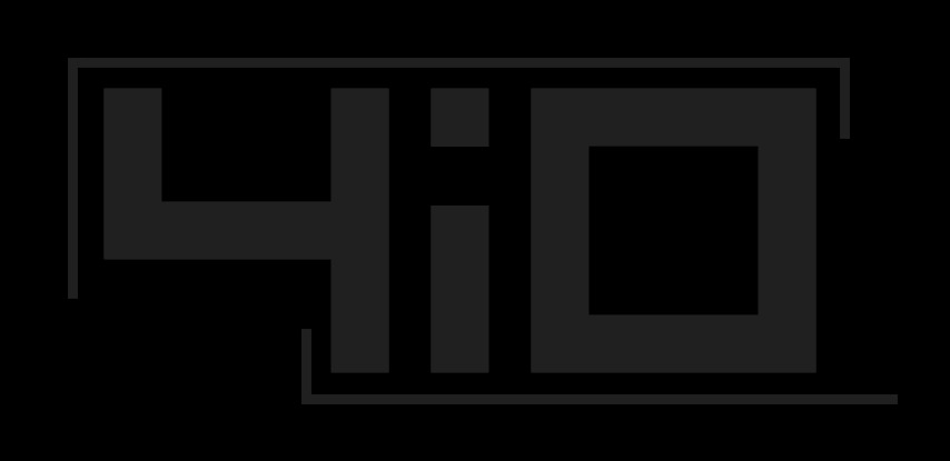 Minimalistyczny, geometryczny logotyp w odcieniach szarości, przedstawiający stylizowany napis '4i0' obramowany cienkimi liniami.