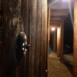 Drewniana ściana z zamontowanym włącznikiem światła; w tle widoczny korytarz z drewnianą konstrukcją stropu i wiszącymi lampami.