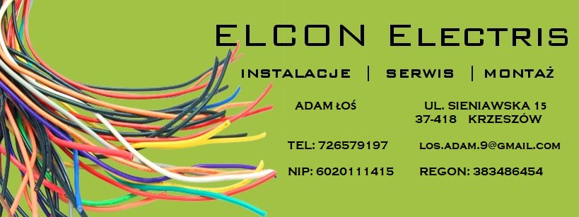 Wizytówka firmy ELCON Electris z danymi kontaktowymi oraz hasłami: instalacje, serwis, montaż, na tle zielonego koloru i z wiązką kolorowych przewodów elektrycznych po lewej stronie.