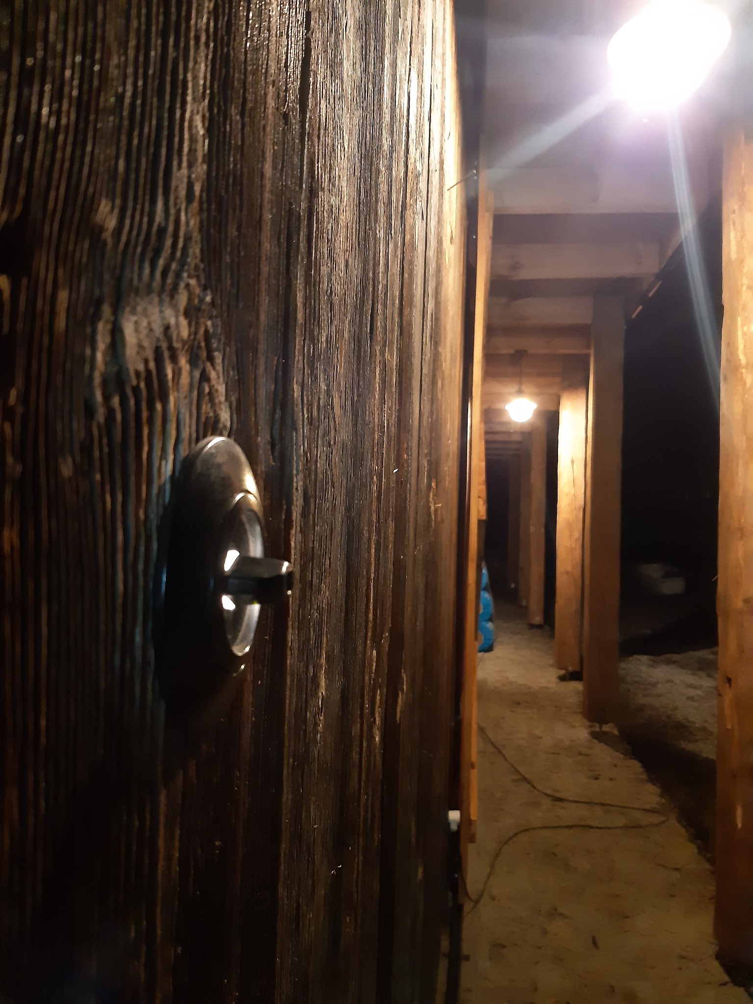 Drewniana ściana z zamontowanym włącznikiem światła; w tle widoczny korytarz z drewnianą konstrukcją stropu i wiszącymi lampami.