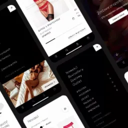 Ekrany smartfonów prezentujące interfejs aplikacji sklepu internetowego z bielizną, widoczne kategorie produktów, oferty specjalne i zdjęcia modeli w bieliźnie.