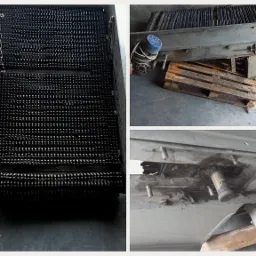 Potr&oacute;jne ujęcie: od g&oacute;ry - wnętrze maszyny z łańcuchem i wałkami, z boku - maszyna oparta na palecie, z dołu - fragment mechanizmu z widocznym zużyciem i brudem.