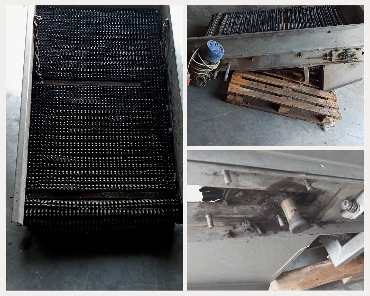 Potrójne ujęcie: od góry - wnętrze maszyny z łańcuchem i wałkami, z boku - maszyna oparta na palecie, z dołu - fragment mechanizmu z widocznym zużyciem i brudem.