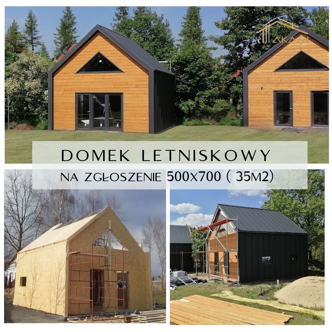 Kolaż przedstawiający budowę domku letniskowego w stylu nowoczesnej stodoły: dwa ukończone domki z drewnianą elewacją i czarnym dachem oraz dwa etapy budowy szkieletu i wykończenia zewnętrznego.