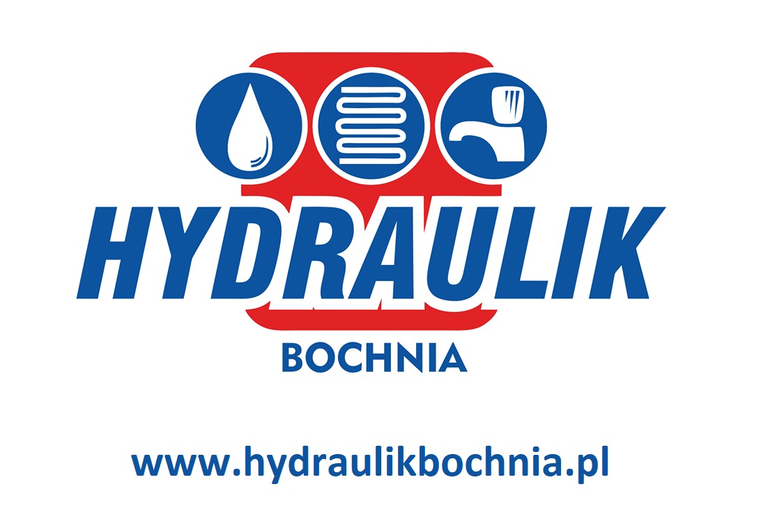 Logo firmy hydraulicznej z Bochni, przedstawiające kroplę wody, grzejnik i kran w niebieskich okręgach na czerwonym tle, nad niebieskim napisem 'HYDRAULIK BOCHNIA' i adresem strony internetowej.