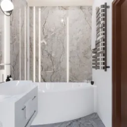 Nowoczesna łazienka z marmurową ścianą, wanną narożną, umywalką nablatową i grzejnikiem drabinkowym.