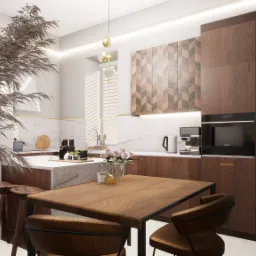 Nowoczesna kuchnia z drewnianymi szafkami o wzorzystym froncie, wyspą z marmurowym blatem, drewnianym stołem jadalnym i dekoracyjną trawą pampasową w wazonie.