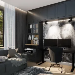 Nowoczesny gabinet w odcieniach szarości z biurkiem, dwoma monitorami, krzesłem obrotowym i sofą, oświetlony punktowymi lampami sufitowymi, z wzorzystą tapetą w tle.