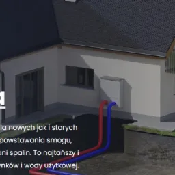 Wizualizacja domu jednorodzinnego z zainstalowaną gruntową pompą ciepła. Widoczne rury doprowadzające ciepło z ziemi. Budynek z poddaszem użytkowym i balkonem.