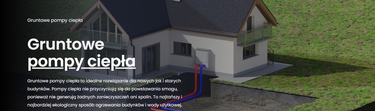 Wizualizacja domu jednorodzinnego z zainstalowaną gruntową pompą ciepła. Widoczne rury doprowadzające ciepło z ziemi. Budynek z poddaszem użytkowym i balkonem.