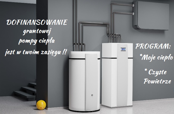 Dwa białe urządzenia grzewcze z szarymi rurami na tle szarej ściany z tekstem o dofinansowaniu i programach rządowych, w rogu żółta piłka.