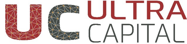 Logo firmy Ultra Capital z geometrycznym wzorem w literach UC, gdzie U jest czerwone, a C jest szare, po prawej stronie nazwa firmy w kolorach czerwonym i szarym.