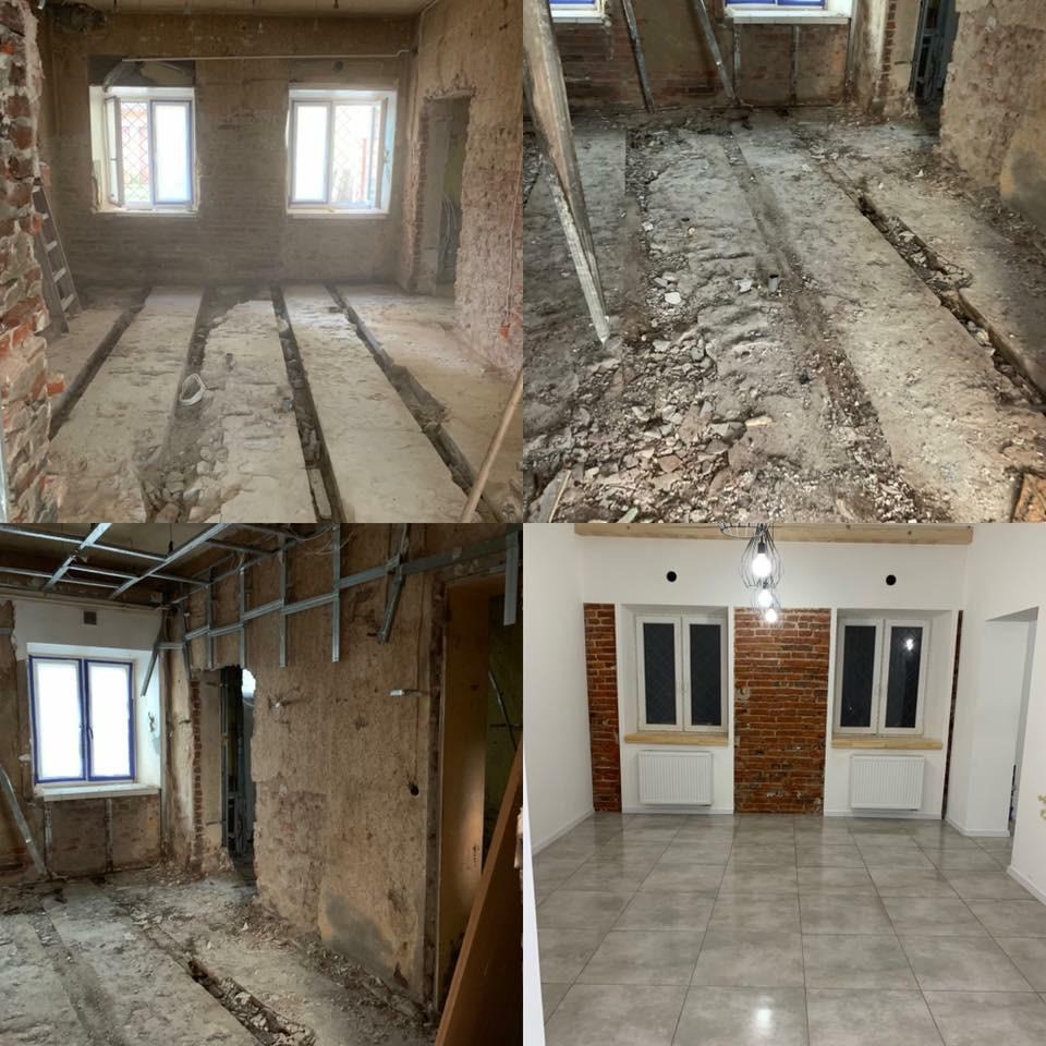 Kolaż przedstawiający remont pokoju: stan surowy z odsłoniętą cegłą, usuniętymi podłogami i instalacjami, oraz efekt końcowy z pomalowanymi ścianami, nową podłogą i oświetleniem.