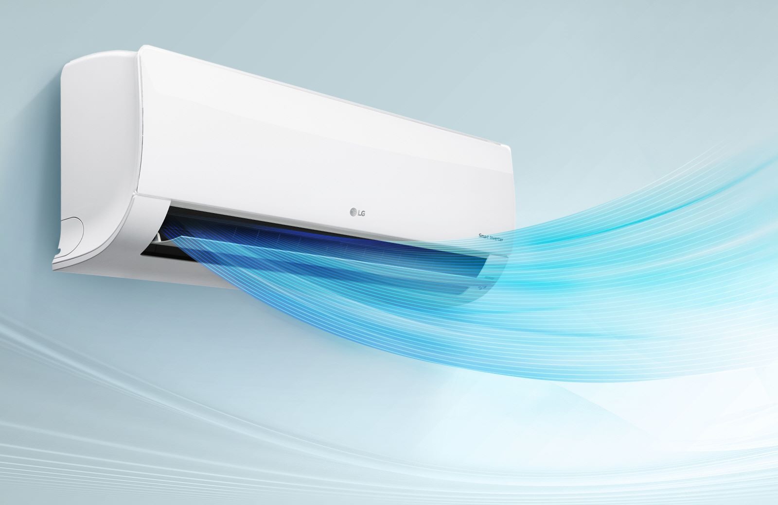 Biała jednostka klimatyzacyjna LG z efektem wizualizacji chłodnego powietrza na błękitnym tle.