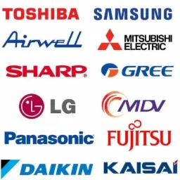Kompilacja logo producentów urządzeń klimatyzacyjnych, m.in. Toshiba, Samsung, Airwell, Mitsubishi Electric, Sharp, Gree, LG, MDV, Panasonic, Fujitsu, Daikin, Kaisai.