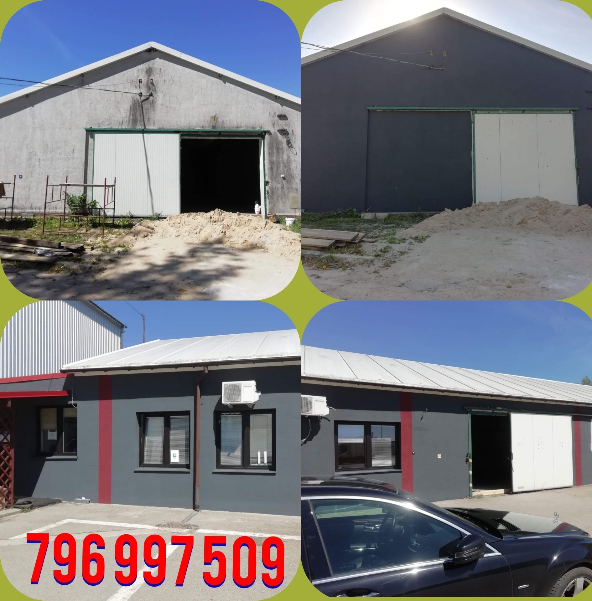 Cztery ujęcia tego samego budynku przed i po malowaniu elewacji, z widocznym numerem telefonu na dole zdjęcia.